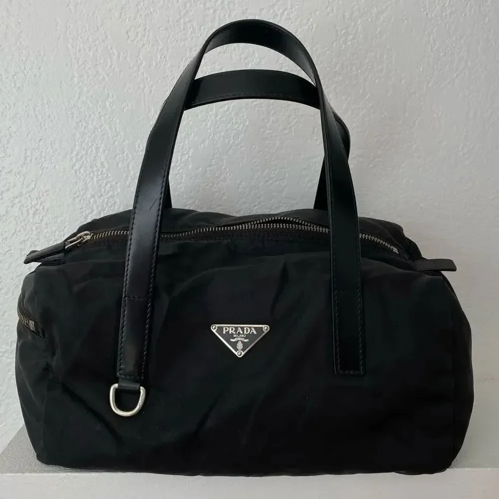 Prada black nylon duffle satchel bag